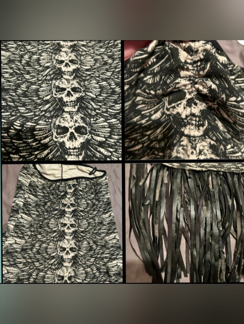 Vtg Lip Service white blk graphic skull wings tube top bodycon fringe dress XL - Picture 16 of 16